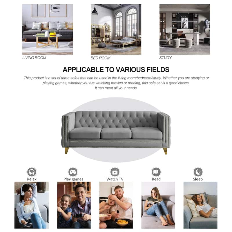 Classic Chesterfield Velvet Sofa, Tufted with Nailhead Trim, 3-Seater Couch with Metal Legs for Bedroom or Living Room