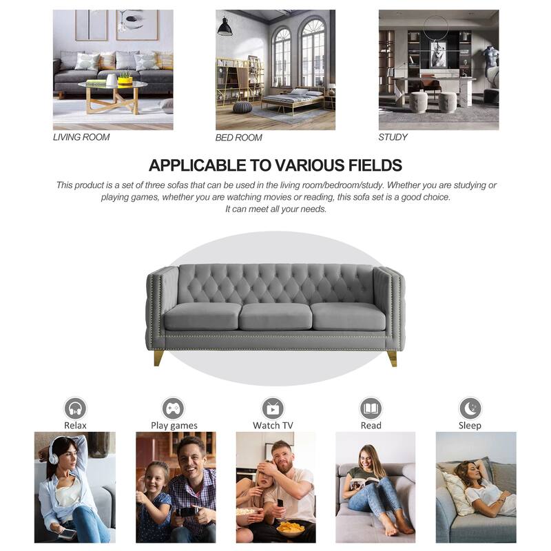 Modern Velvet Chesterfield Sofa for Living Room, Button-Tufted 3-Seater Couch with Square Arms and Metal Legs