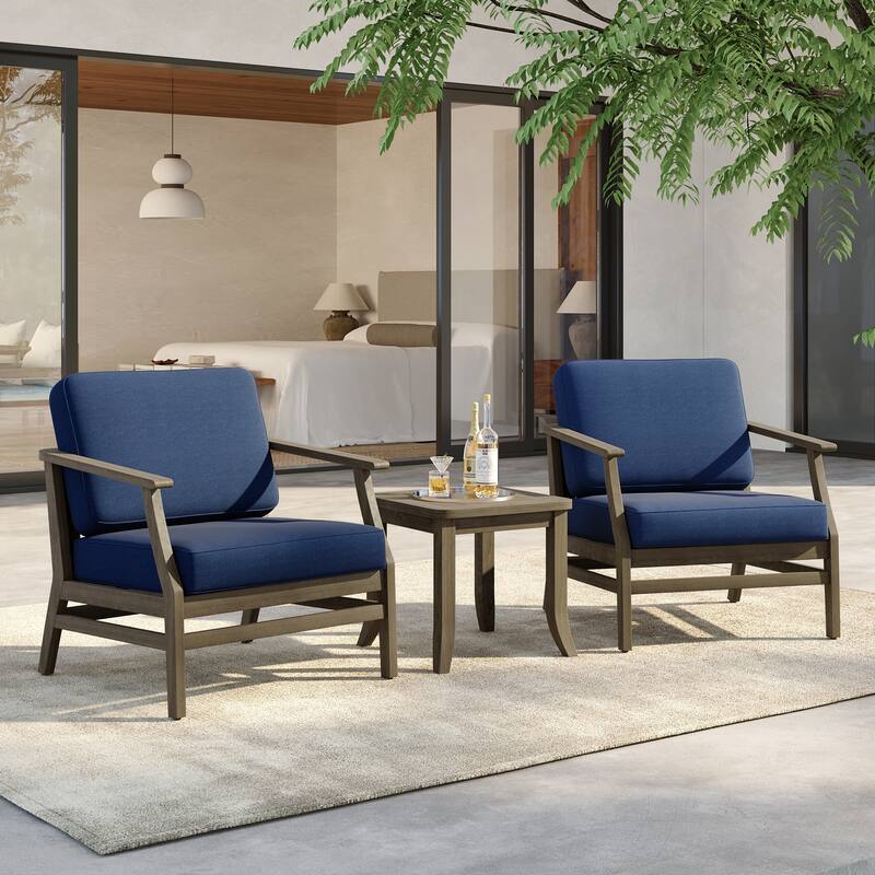 3 Set Outdoor Teak Wood Club Chairs with Side Table - NaturalFrame-Navy