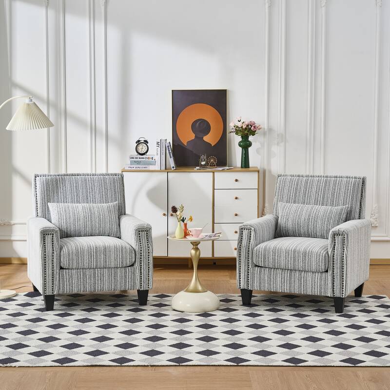 Modern Accent Chair with Arms,Comfy Upholstered Armchair for Living Room,Grey and White Striped Armchair with Nailhead Trim