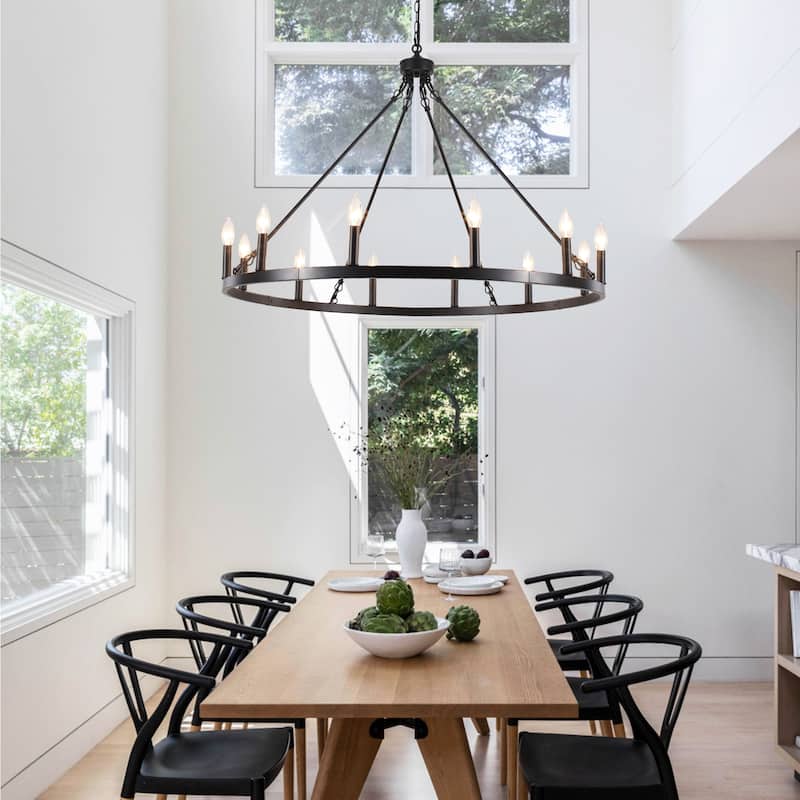 12-light Rustic Farmhouse Wagon Wheel Chandelier for Living Room - W37.99" x H90.55" - N/A