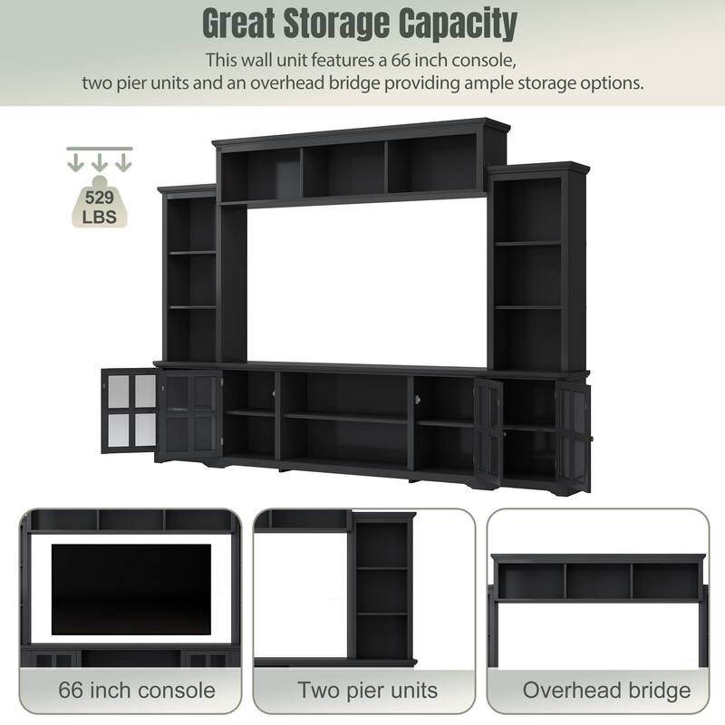 Entertainment Wall Unit with Bridge and Tempered Glass Door, TV Console Table for TVs up to 70"