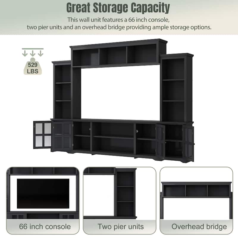 Roomfitters Minimalist Entertainment Wall Unit with Bridge, Modern TV Stand with Tempered Glass Door and Storage