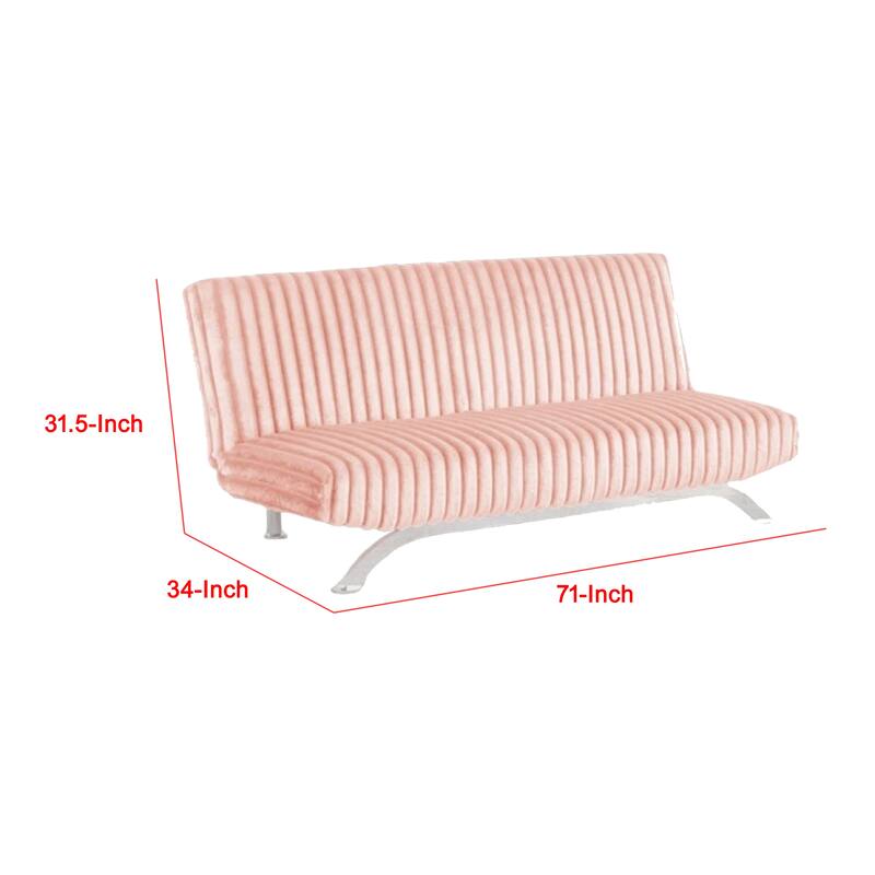 Villy Futon Sofa Bed, Chrome Metal Legs, Pink Channel Tufted Fabric