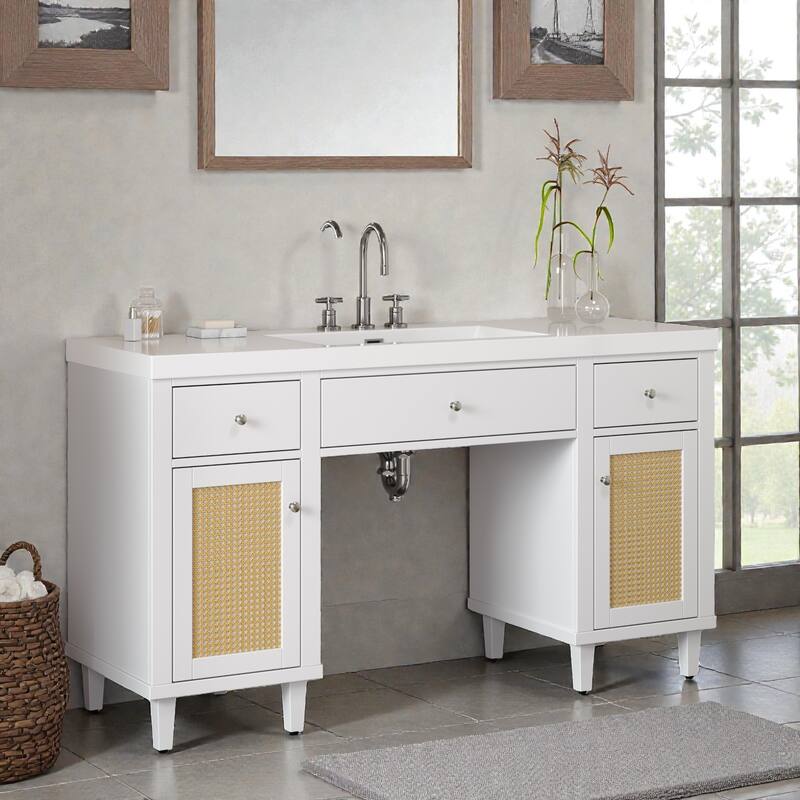 60" Bathroom Vanity with SMC Sink, Freestanding Single Sink Cabinet with Soft-Close Drawers, Tip-Out Tray & Rattan Doors