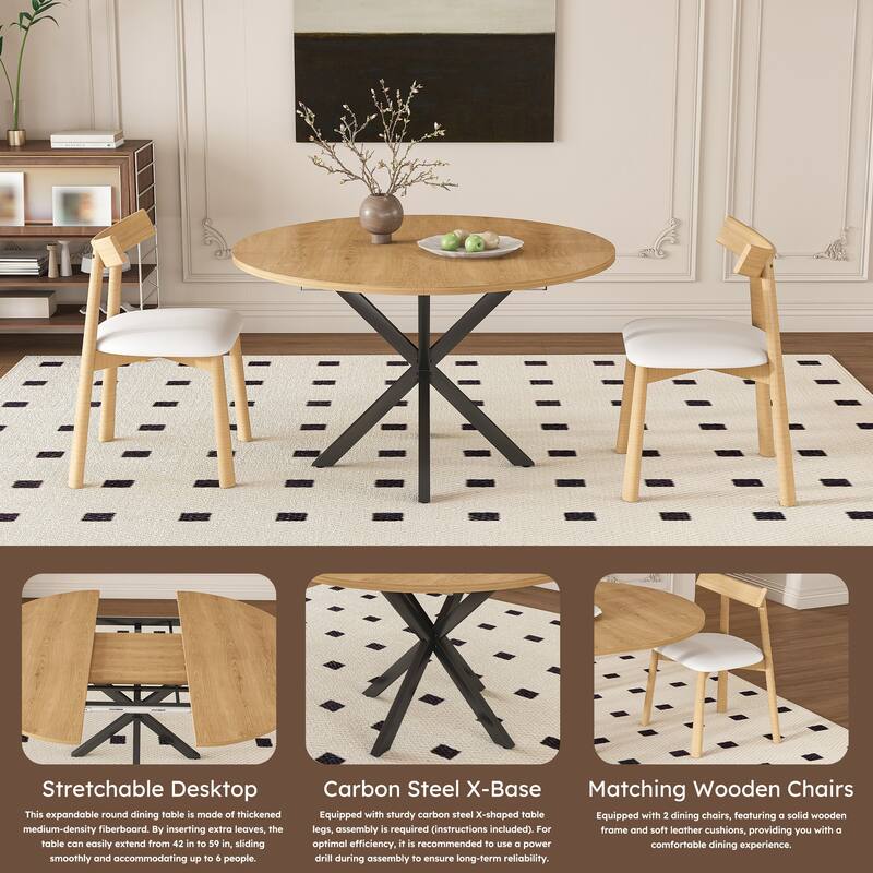 Extendable Round Dining Table Set for 2-6: 43" to 58" Oak Finish Expandable Table with Carbon Steel Base & Wood Chairs