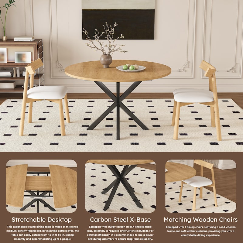 Extendable Round Dining Table Set for 2-6 Person, 43 to 58 Inch Expandable Table with Carbon Steel Base & 2 Solid Wood Chairs