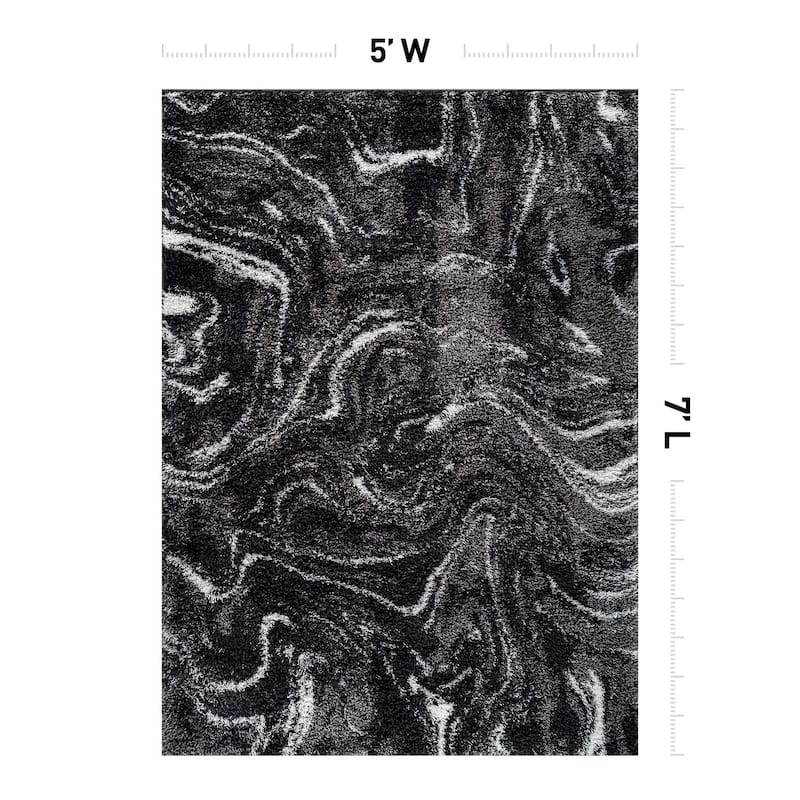 Abstract Marble Shag Rug - Anthracite Dark Gray - Plush Medium Pile, Durable with Jute Backing