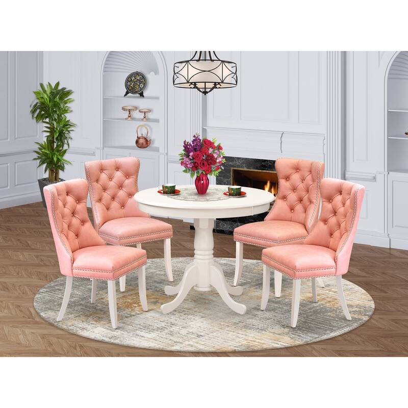 East West Furniture Dinette Set Consists of a Round Kitchen Table and Upholstered Chairs, Linen White (Pieces Options) - ANDA5-LWH-23