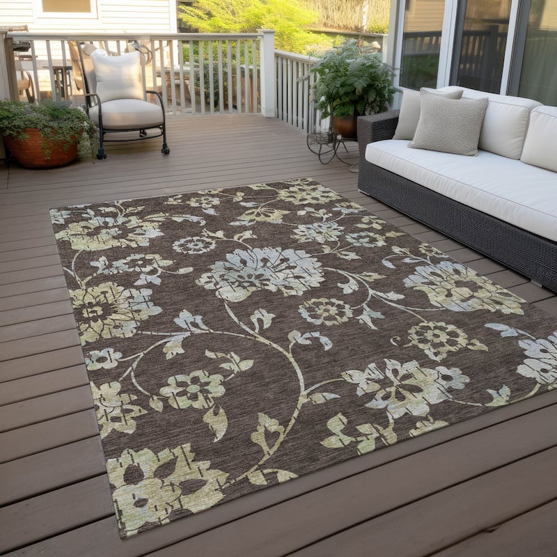 Machine Washable Indoor/ Outdoor Chantille Modern Floral Rug - Chocolate - 10' x 14'