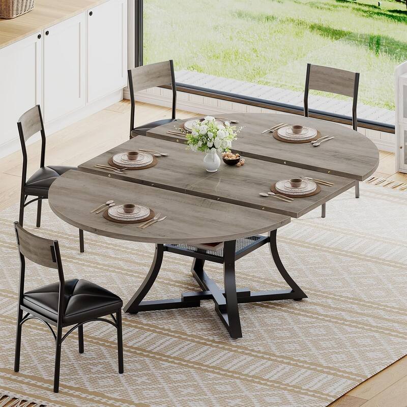 Extendable Dining Table Set 4-6 People 5-Piece Kitchen Table Set with 4 Cushion Chairs - Grey - Round 