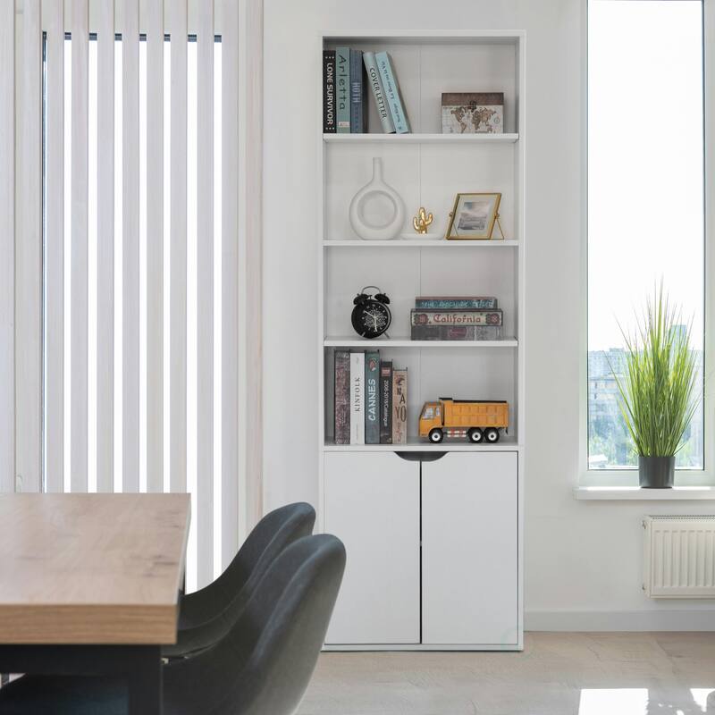 71" White 4 Tier Open Book Shelf with 2 Doors and 1 Adjustable Shelf - Ideal for Home Office, Living Room, Classroom, Study Room