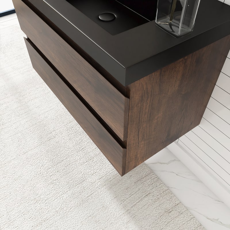 24/30/36 inch Wall-Mounted Bathroom Vanity Set in Rose Wood with Integrated Black Resin Sink