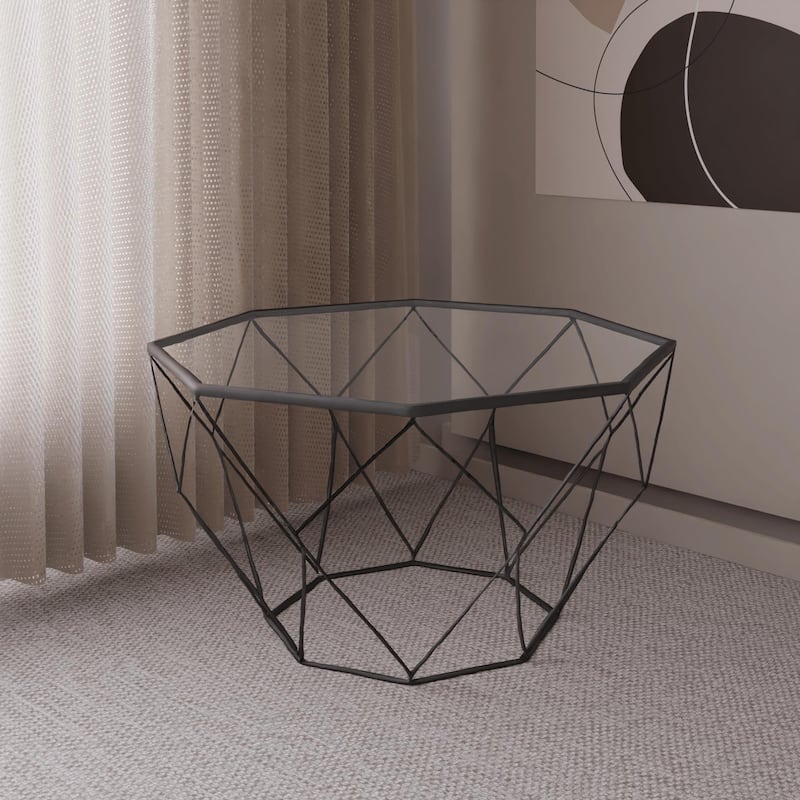 Malibu 29" Modern Octagon Center Coffee Table with Tempered Glass Table top & Sturdy Metal Geometric Base for Living Room Office