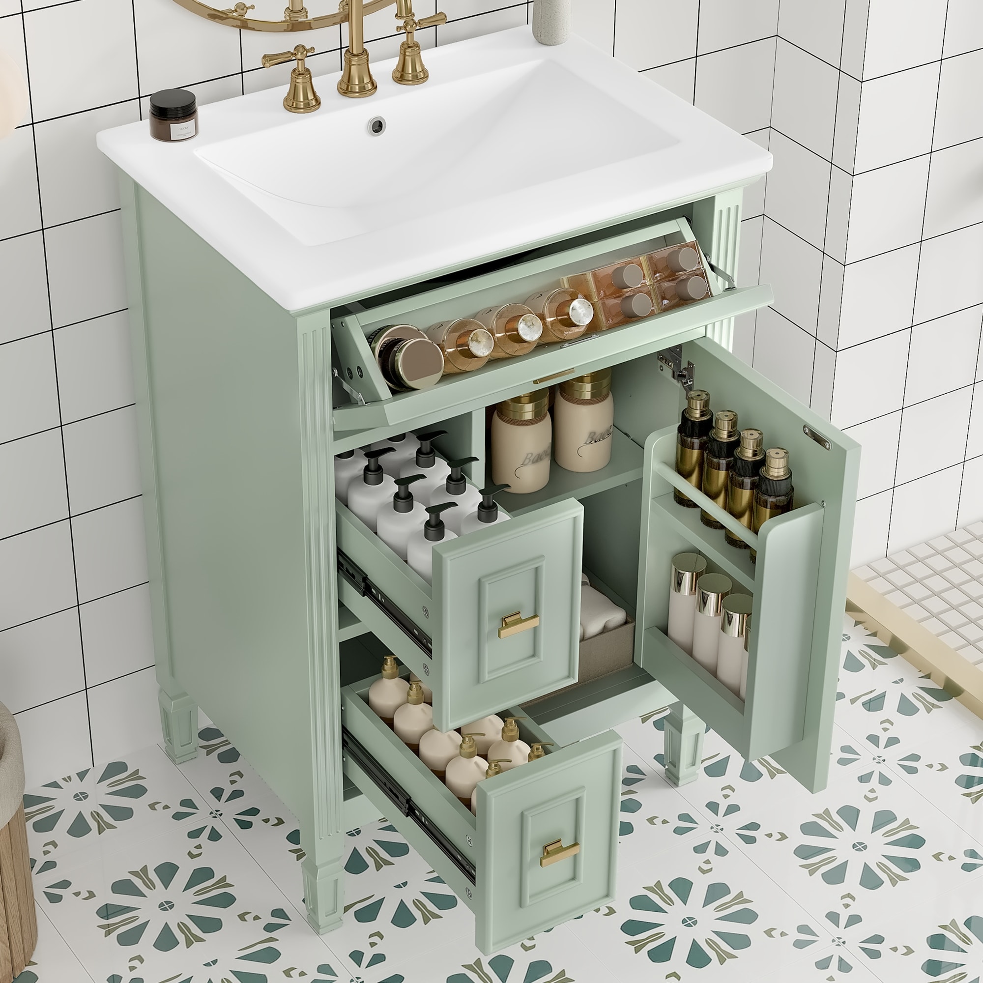 24-Inch Bathroom Vanity with Sink, Solid Wood and MDF Cabinet with One Flip Drawer, Two Standard Drawers, and Adjustable Shelf
