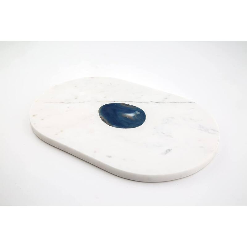 Oval Marble Serving Board with Agate Inlay, White/Blue - Multi