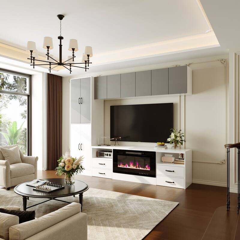 Wall Entertainment Center with Storage Cabinets, TV Stand & Optional 30" Electric Fireplace