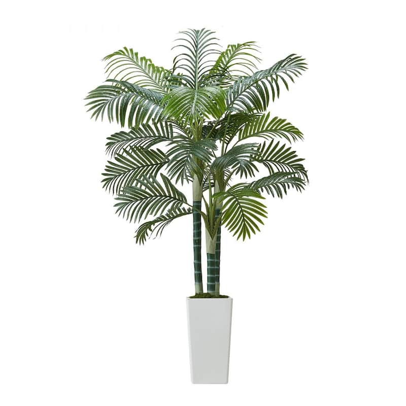 Thick-Trunk Areca Palm Artificial Tree with Green Leaves in White Planter for Home or Office Decor