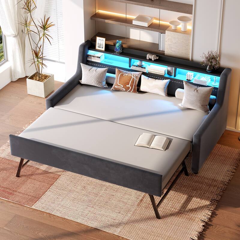 Twin Size Upholstered Daybed with Trundle, LED Light, and Charging Station