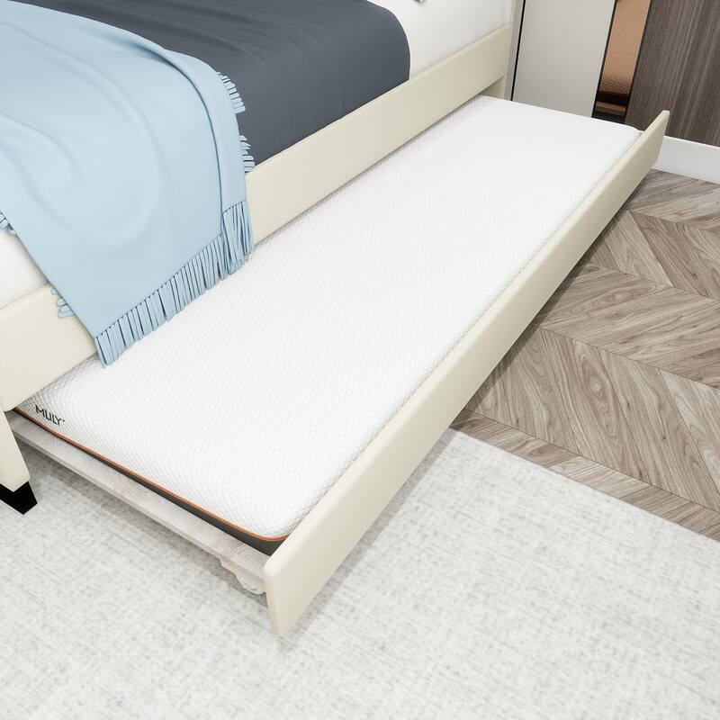 Queen Size Trundle Bed Upholstered Platform Bed Frame with Pull-Out Twin Trundle and Two Storage Drawers, No Box Spring Needed