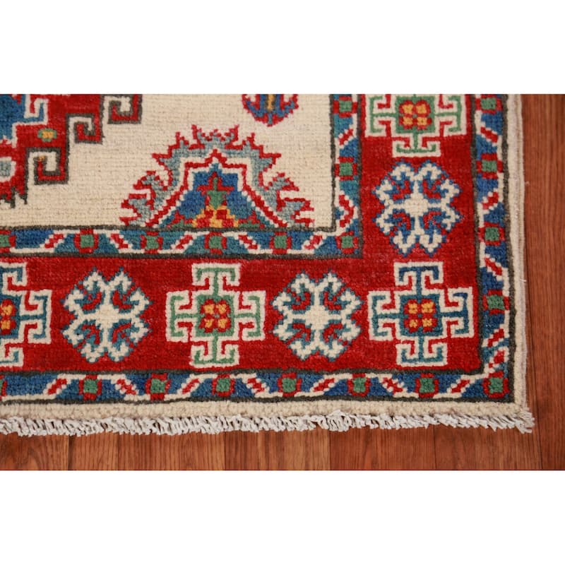 Ivory Kazak Foyer Rug Hand-Knotted Geometric Wool Carpet - 2'8"x 4'2"