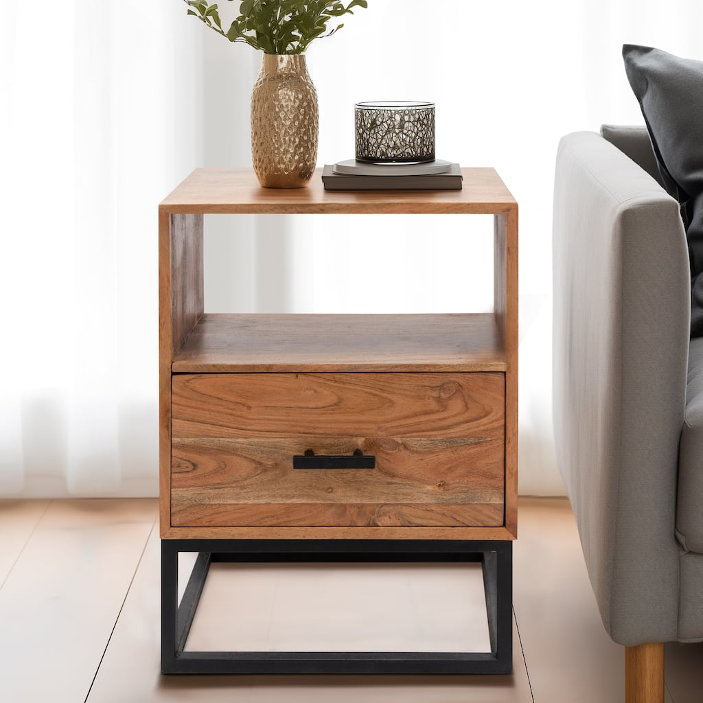 Sagebrook Home 24"H Brown Wood and Metal Side Table or Nightstand with Drawer for Rustic Accent and Storage - 18" x 14" x 24"