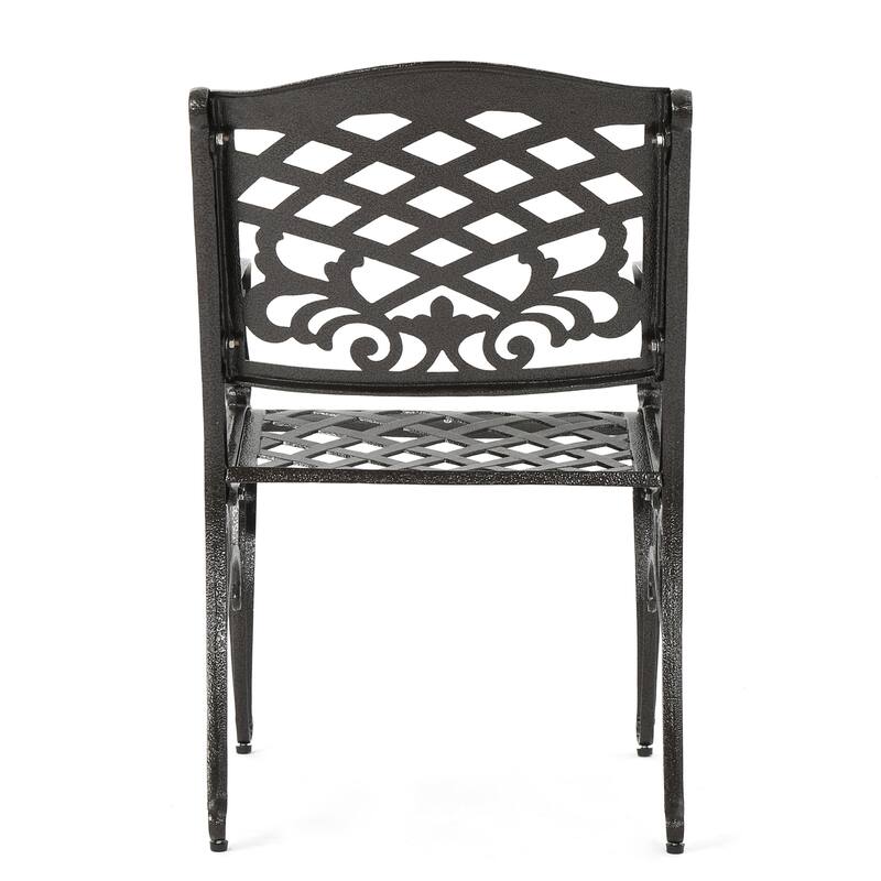 Roomfitters Outdoor Aluminum Dining Set with Lattice-Pattern Round Table and Four Armchairs for Stylish Patio Dining