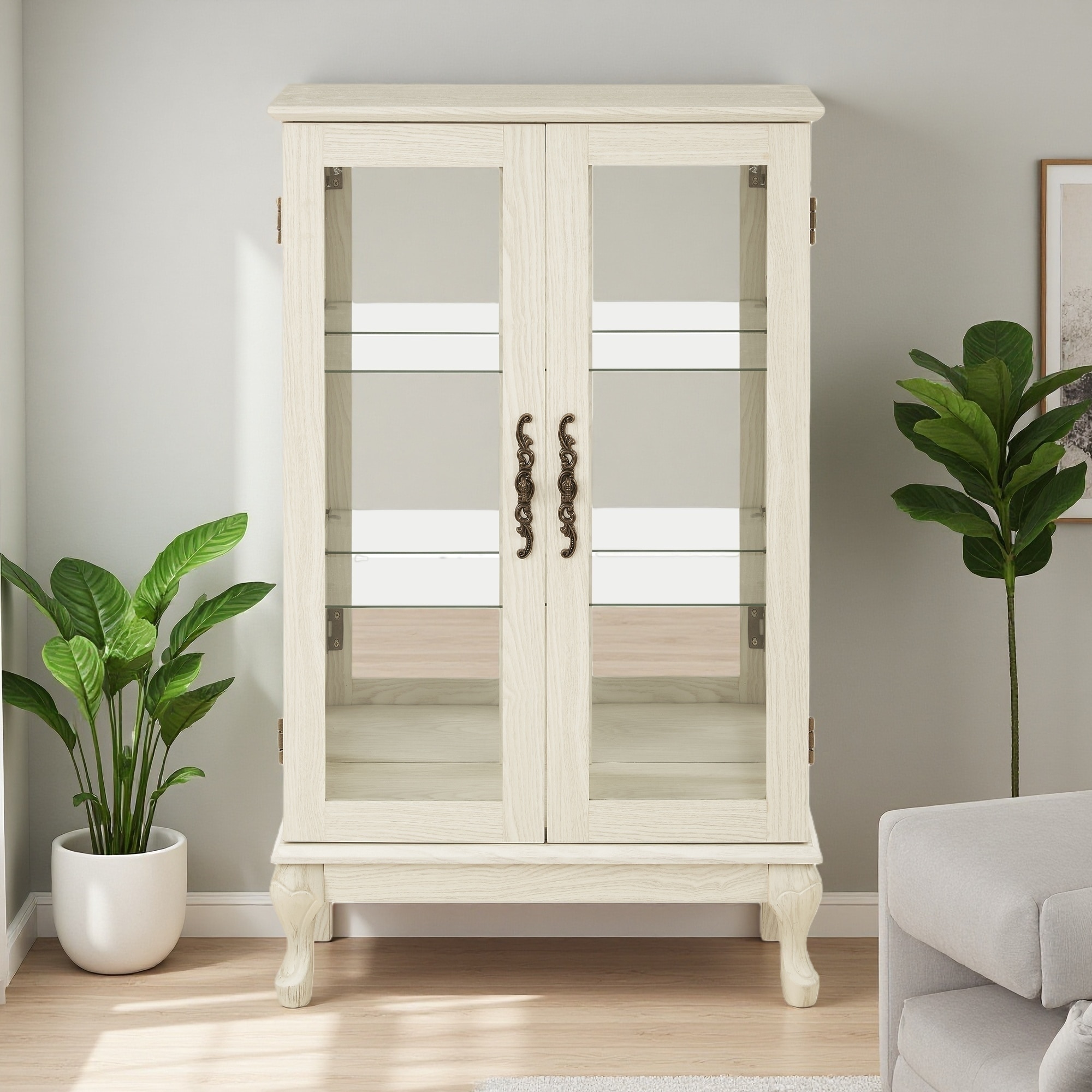 43.79"H Glass Curio Cabinet, 2 Doors, Adjustable Shelves, Mirrored Back, Lighted