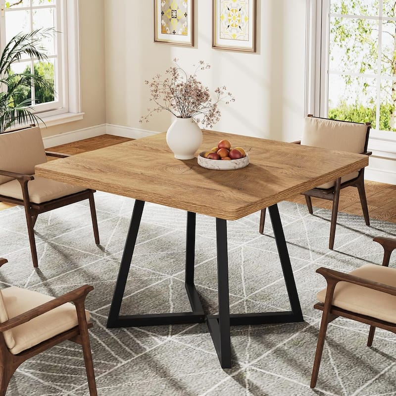 Small Dining Table for 4, 31.5 Inches Industrial Dinner Table with Metal Base - Square - Natural
