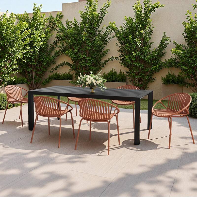 7-Piece Outdoor Dining Set with Rectangular Aluminium Table and 6 Stackable Chair - Black+Orange