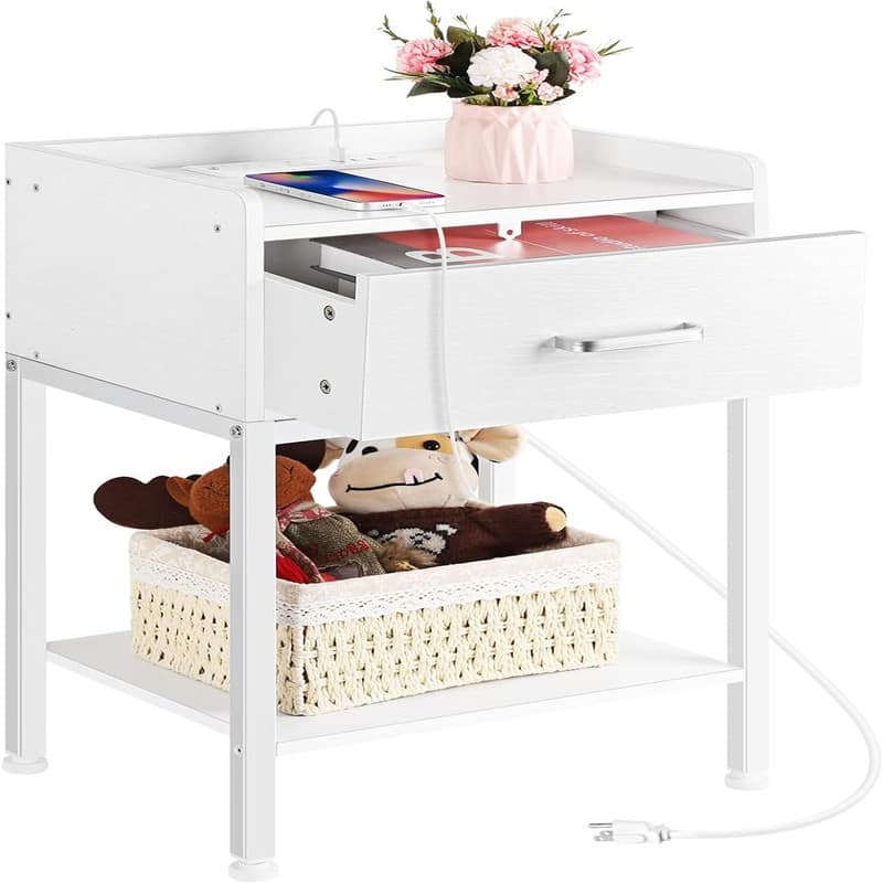 Night Stand with Charging Station - White