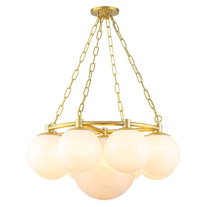 Glam 9-Light Cloud Glass Globe Bubble Round Chandelier - 28in Width - Brass
