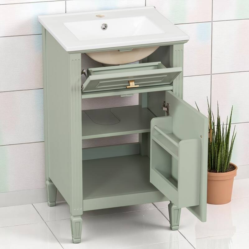 20" Bathroom Vanity with Sink, Freestanding White Cabinet with Ceramic Basin, Tilt-Out Drawer, Adjustable Shelf, Solid Wood Legs