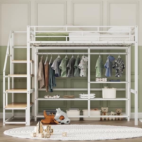 slide 2 of 12, Full Size Loft Bed with Wardrobe and Shelves, White White