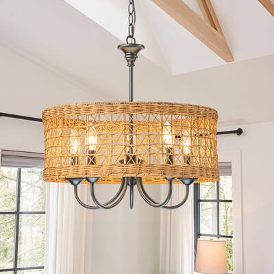 5-Light Farmhouse Boho Rustic Woven Rattan Pendant Light Round Drum Hand Woven Bamboo Rattan Chandelier - 19.6 in. W