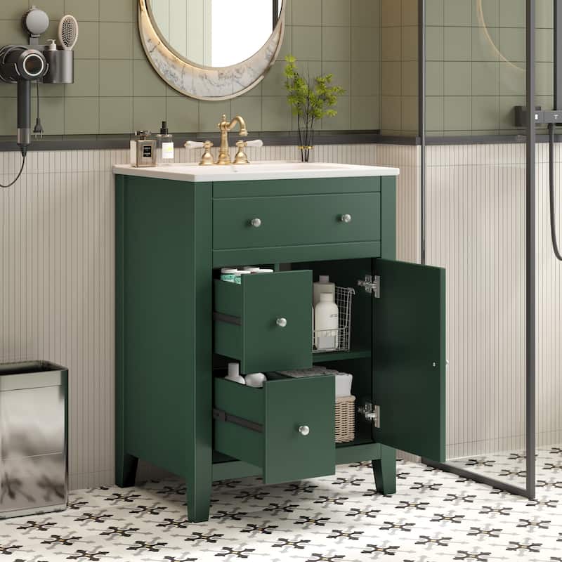 24" Modern Bathroom Vanity with Ceramic Basin Bathroom Storage Cabinet with 2 Drawers