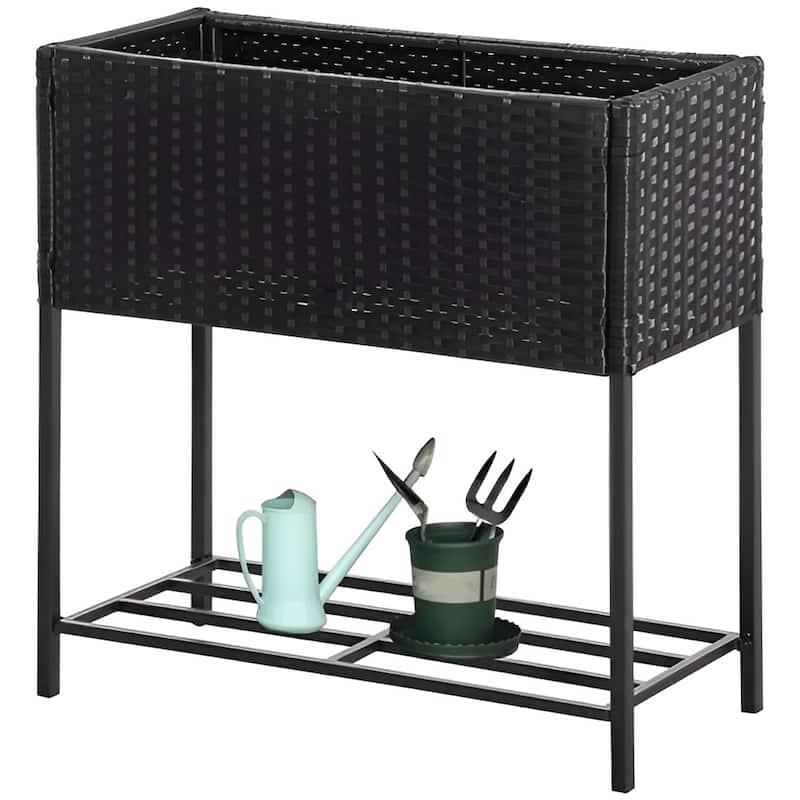 Rattan Steel Elevated Raised Planter Box with Storage Shelf - 27.5" L x 11.75" W x 27.5" H - Black