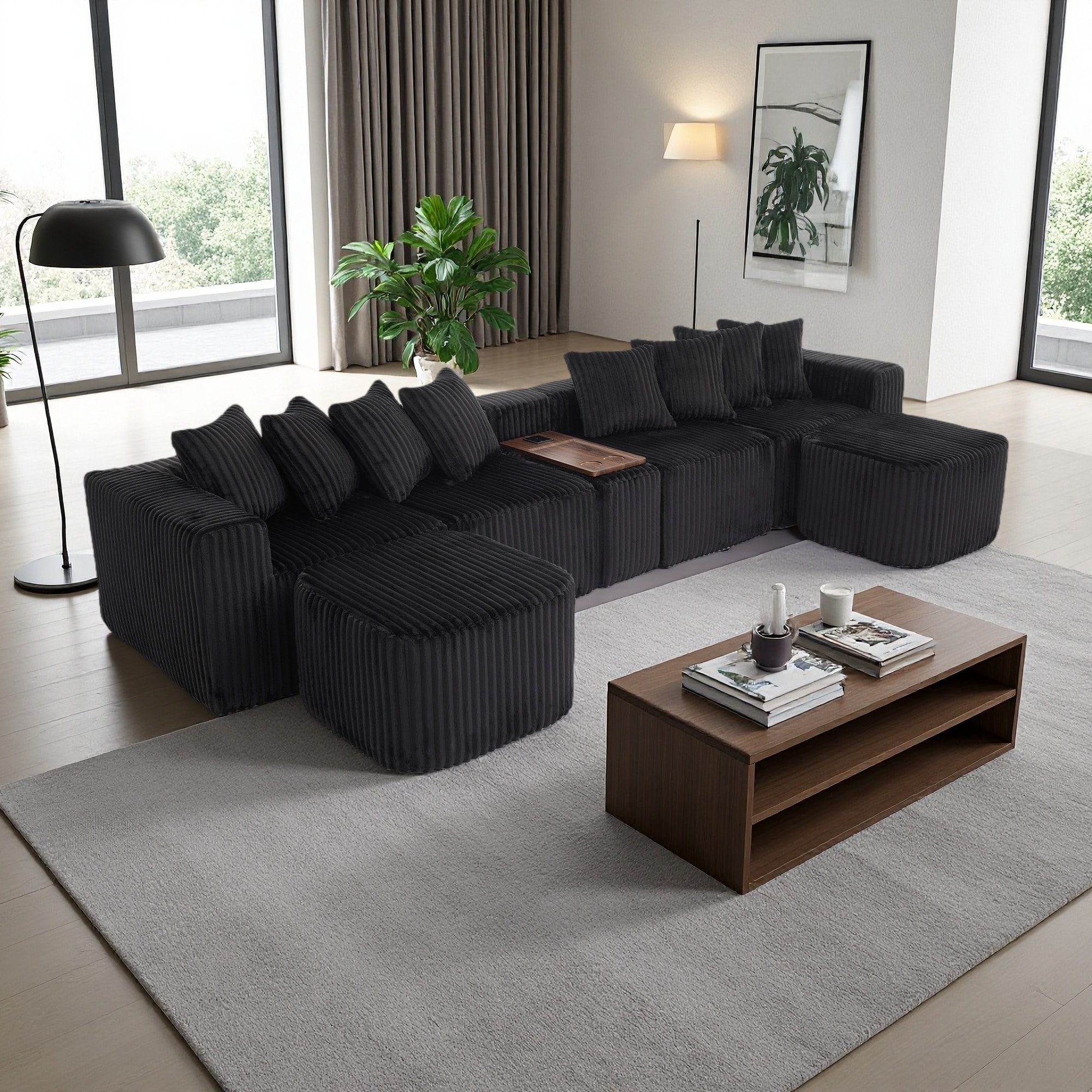 137.5" Corduroy U-Shaped Modular Sofa with USB and Wireless Charging and Movable Footstool