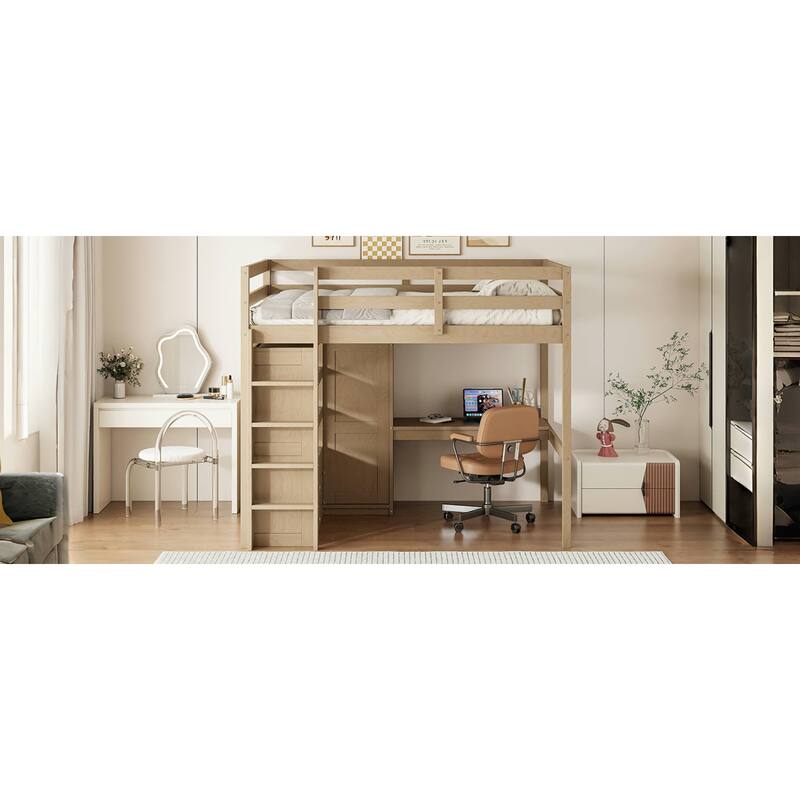 Roomfitters Full Size Loft Bed with Wardrobe, Desk and Storage Shelves