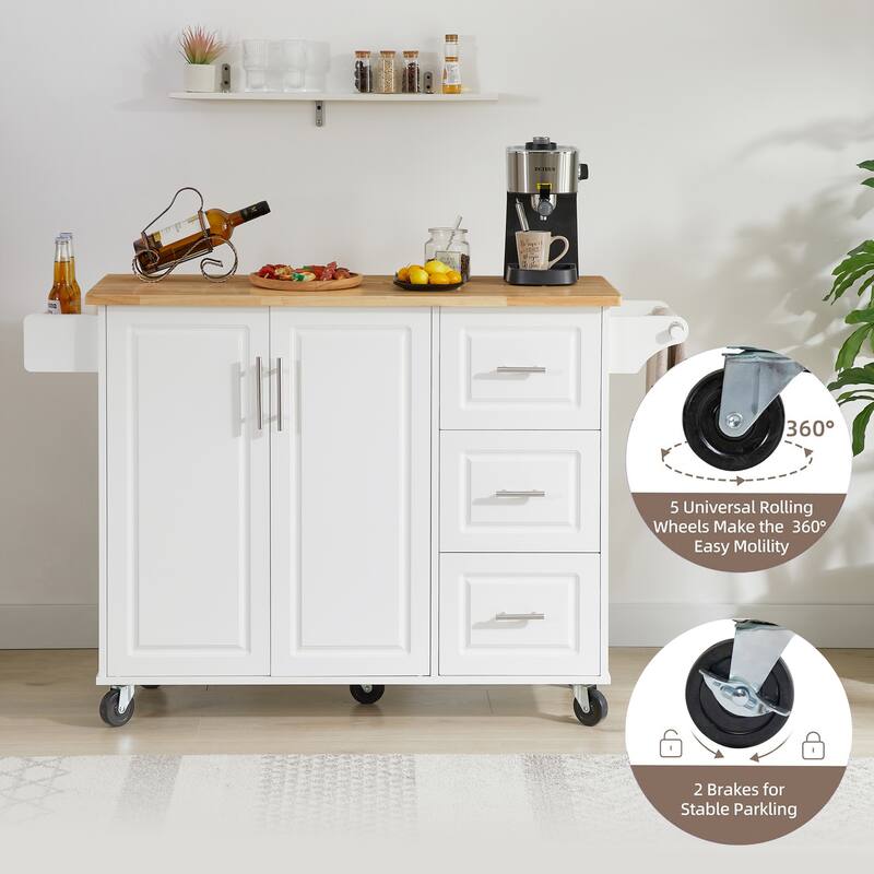 Anmytek White Rolling Kitchen Cart with Bamboo Top Drop Leaf Mobile Island Storage for Small Spaces