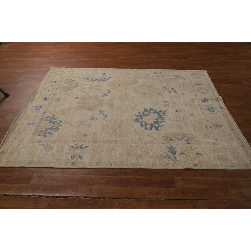 Vegetable Dye Oushak Turkish Rug Hand-Knotted Beige Wool Carpet - 5'0"x 6'7"