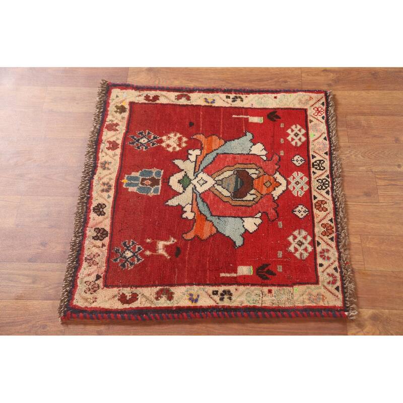 Geometric Red Shiraz Persian Vintage Square Rug Handmade Wool Carpet - 2'0" x 1'10"