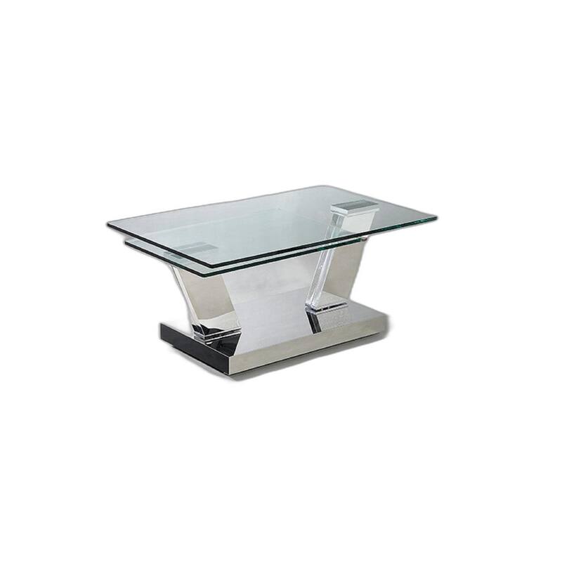 HomeRoots 32" Clear And Silver Glass And Stainless Steel Floor Shelf Coffee Table - 31.5 in. x 17 in. x 23.5 in.