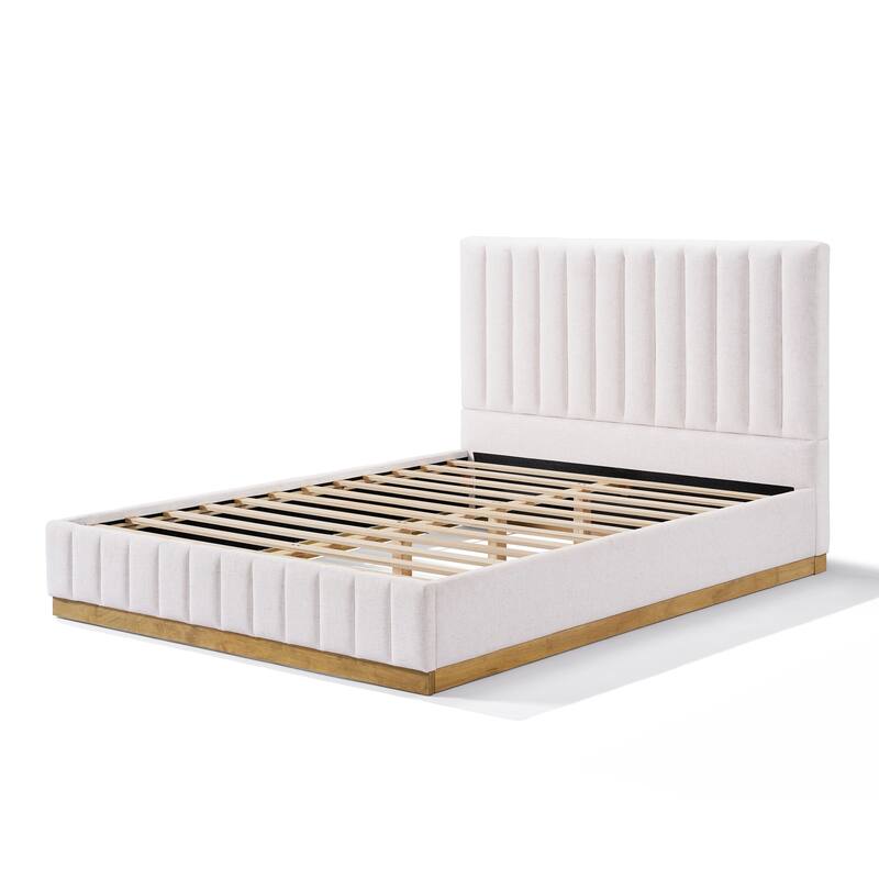 Beige Upholstered Bed with Vertical Stripes Headboard Linen Platform Bed