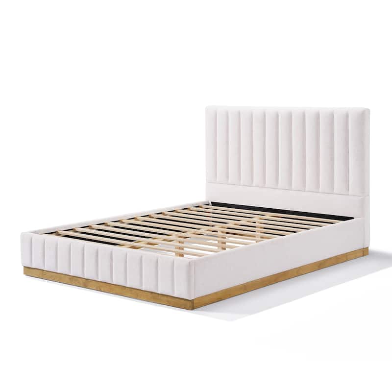 Upholstered Bed Frame Linen Fabric Platform Bed with 46''H Thick Headboard/Solid Wood Base/No Box Spring Needed/Noise Free/Beige