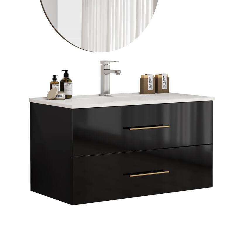 36-Inch Gloss Wall-Mounted Bathroom Vanity with Sink Combo,Double Drawers,Ceramic Sink, Long Gold Metal Handle