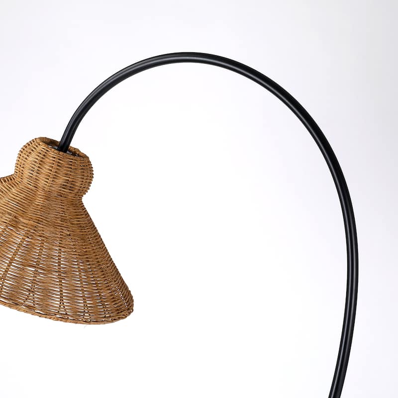 Novelty Black Metal Arc Floor Lamp with Rattan Woven Shade - N/A