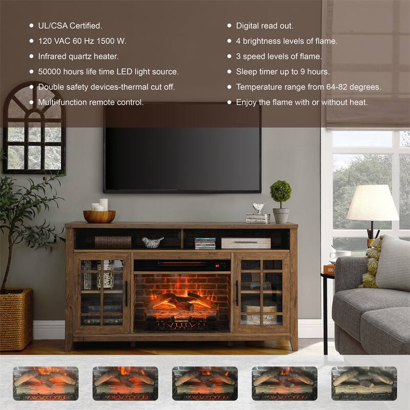 55 Inch TV Media Stand with Electric Fireplace KD Inserts Heater