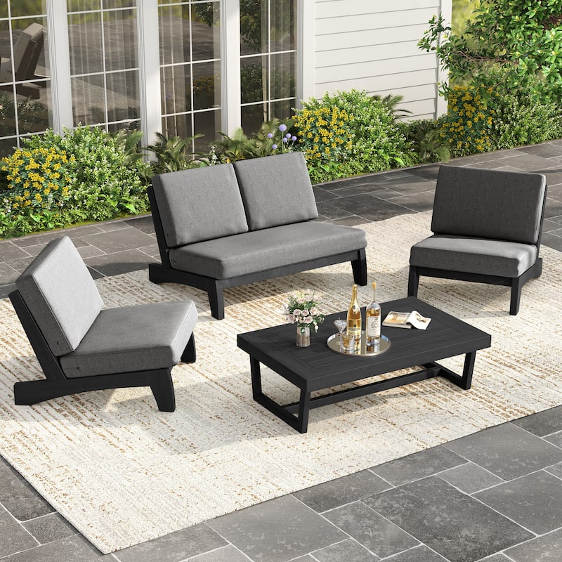 4Piece Wood Outdoor Loveseat Chair Conversation Set with Table Cushion - Dark Wood - Grey