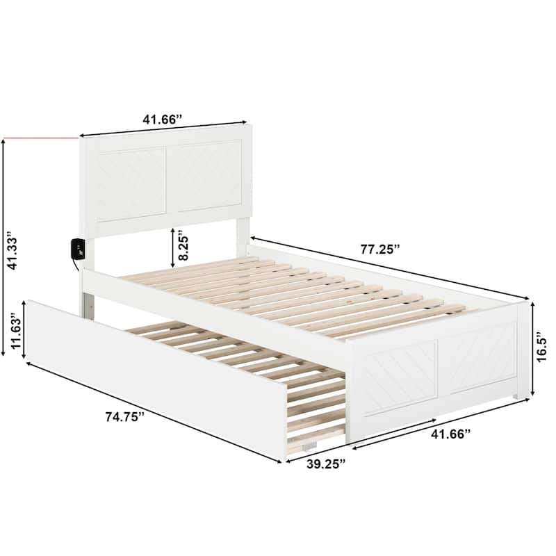 Twin Platform Bed with Trundle - White Wood Slat Bed Frame - Matching Headboard Footboard